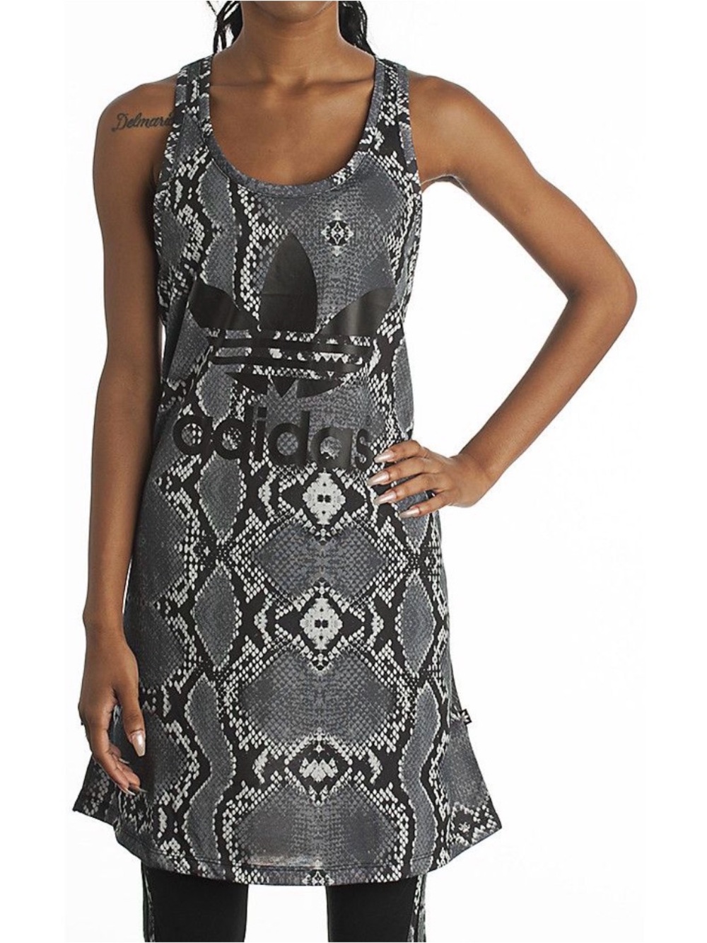 adidas Originals Black and Gray Snake-Print Midi Tank Dress with Trefoil